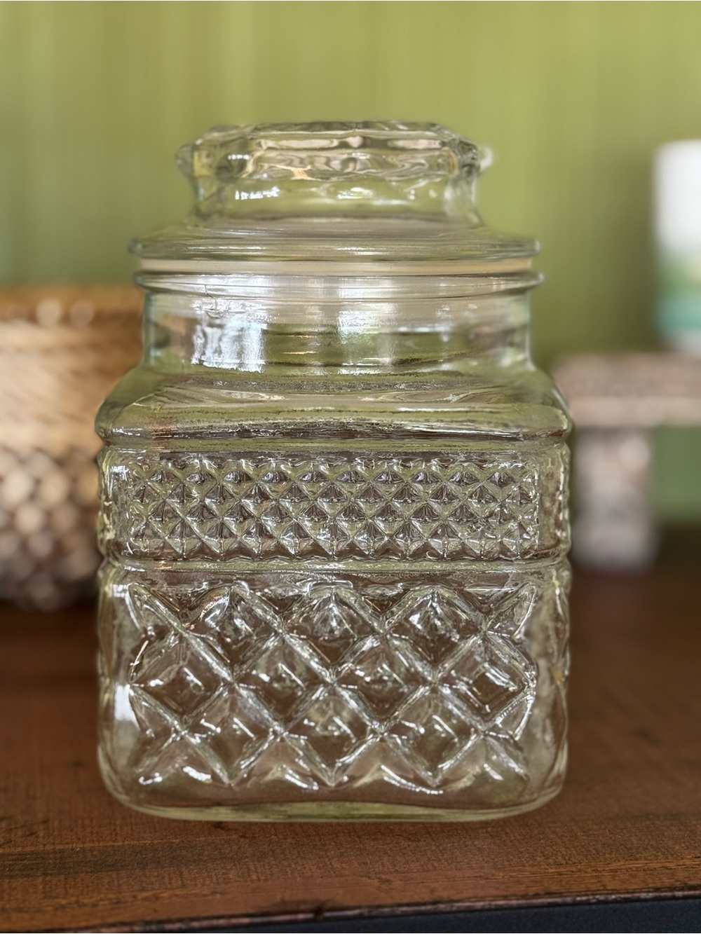 Vintage Anchor Hocking Wexford Square Glass Canister with Lid Diamond Pattern
